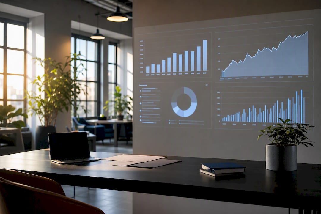 Digital data visuals over modern office desk