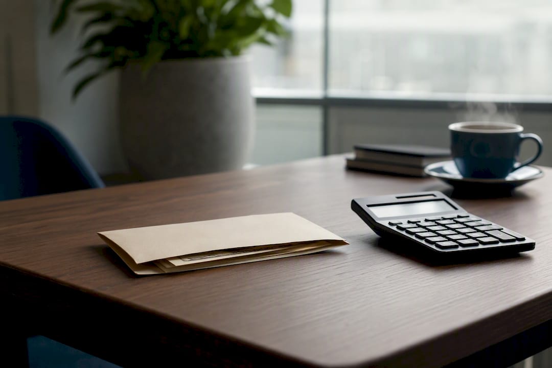 Cash gift envelope and calculator on desk
