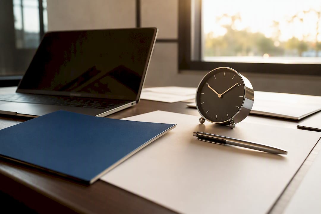 Minimalist desk with folder and documents