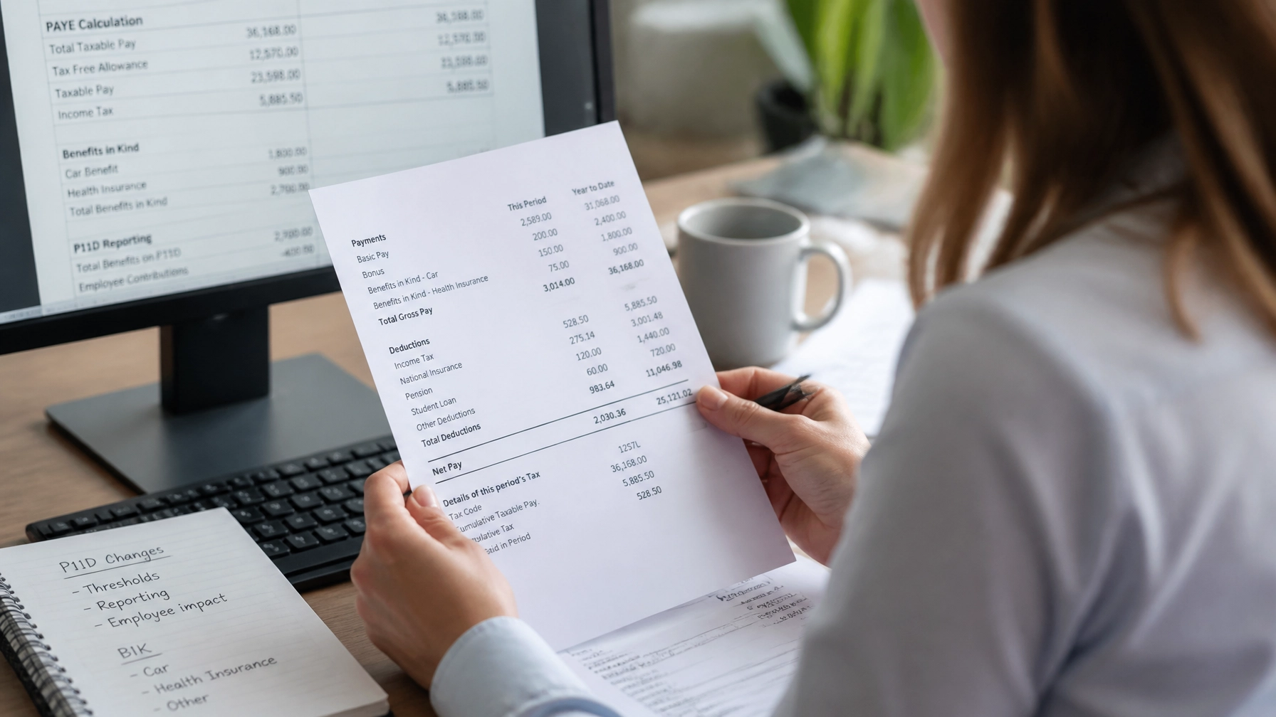 Payrolling benefits in kind UK image showing an employee payslip with an unexpected tax deduction being reviewed alongside payroll reporting, PAYE calculations and P11D changes