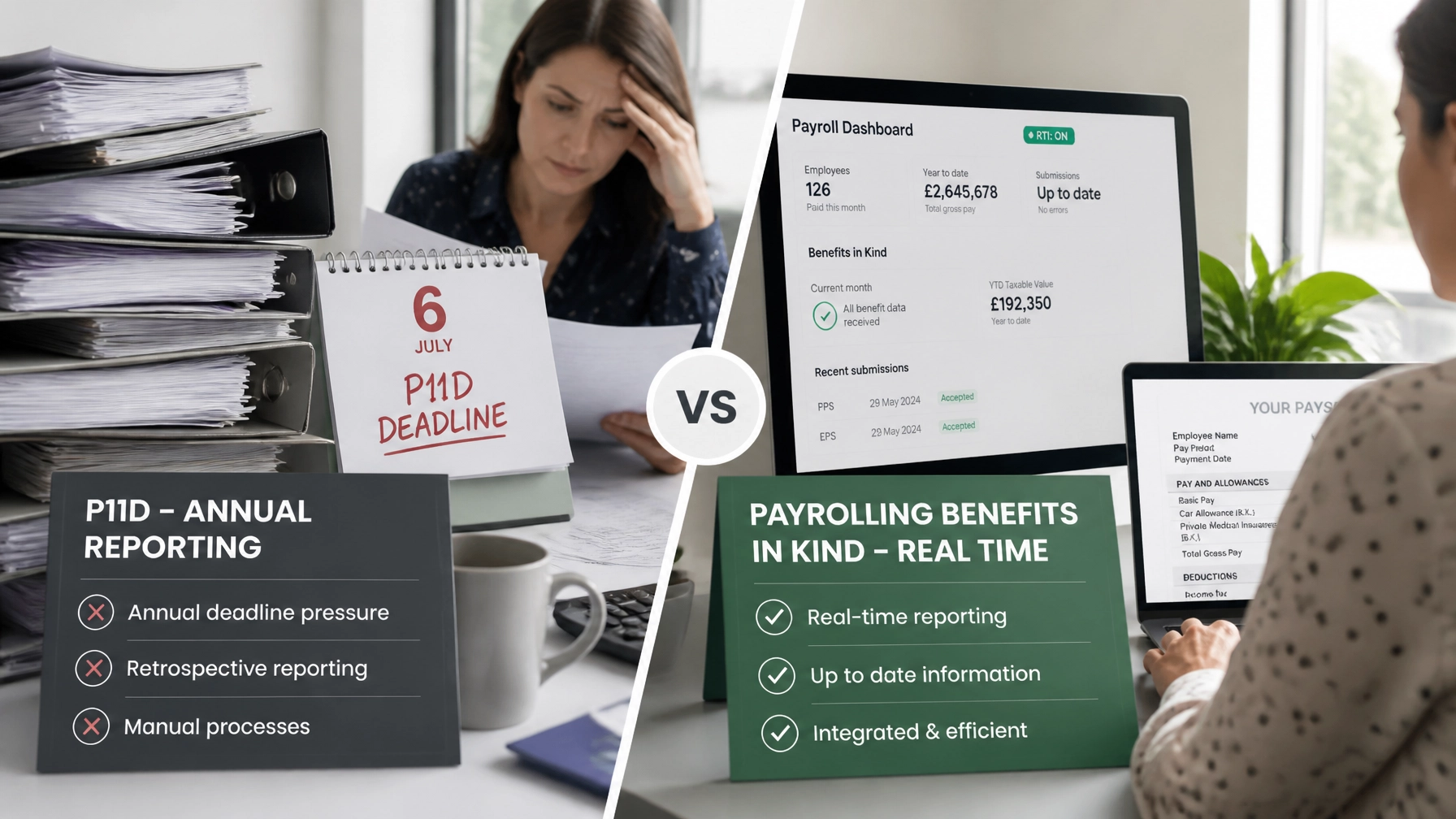 P11D vs payrolling split-screen comparison showing annual P11D reporting versus real-time payrolling benefits in kind for UK employer payroll compliance