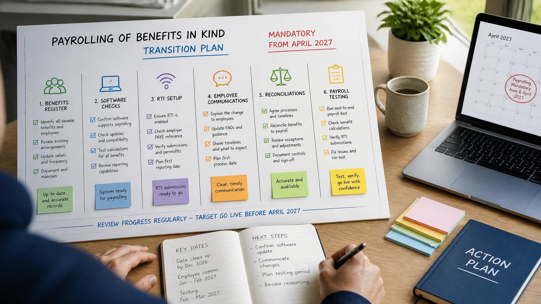 Mandatory benefits reporting and payroll compliance image showing a UK employer transition planning board with steps for P11D vs payrolling preparation before April 2027