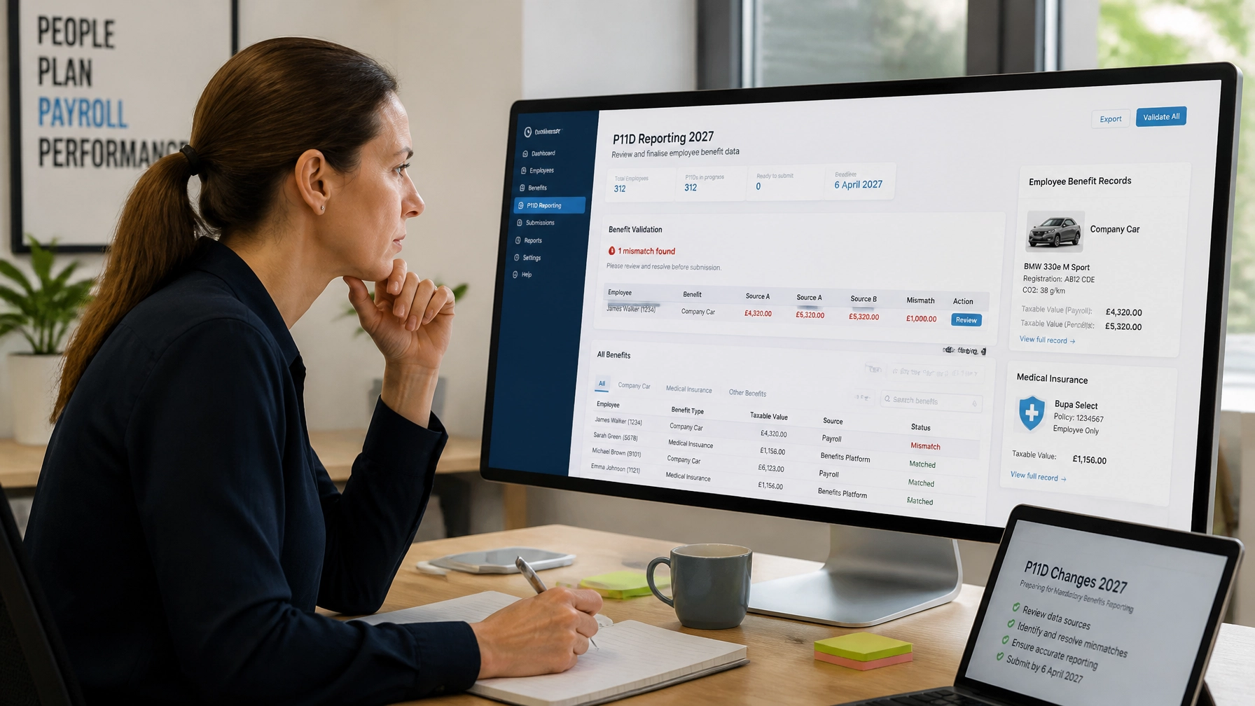P11D changes 2027 image showing a payroll manager identifying an employee benefit mismatch before mandatory benefits reporting submission