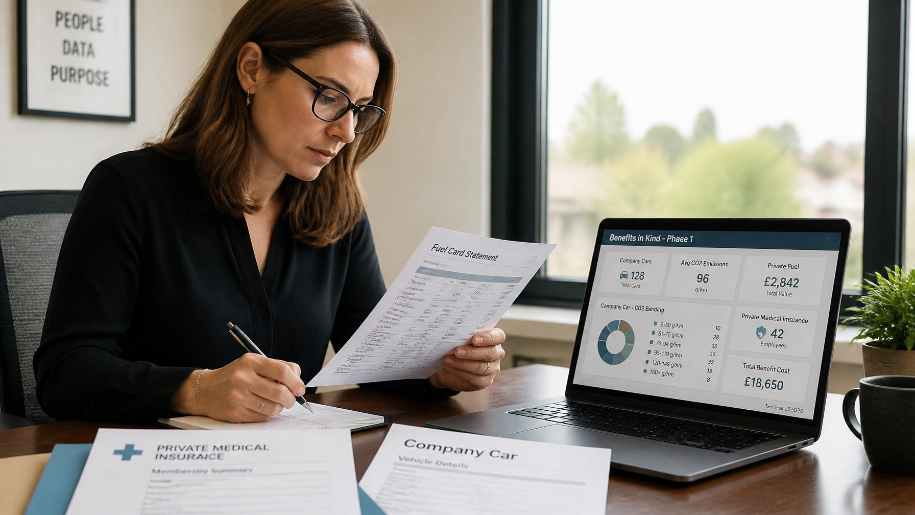 HR and payroll lead checking salary sacrifice car payrolling data, vehicle emissions, private fuel records and private medical cover details for Phase 1 benefits in kind in a UK office