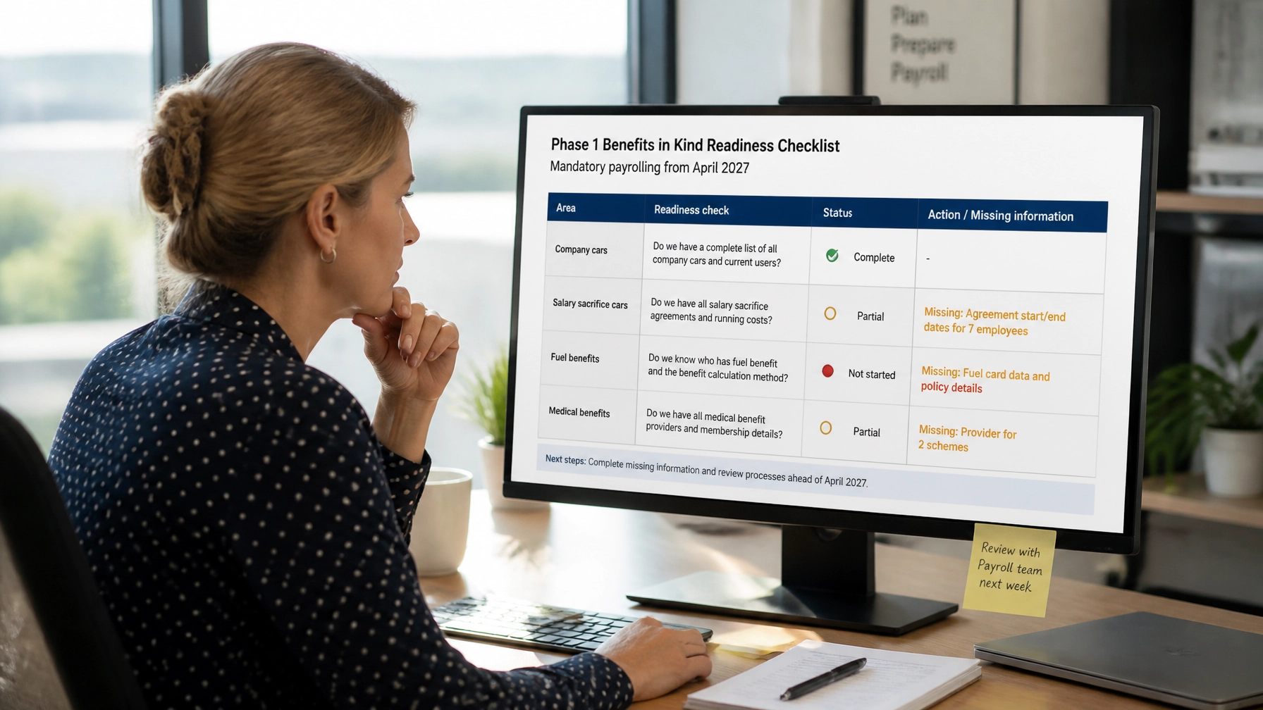Employer reviewing a Phase 1 benefits in kind readiness checklist with missing company car, salary sacrifice car and medical benefit payroll HMRC information highlighted for action ahead of April 2027