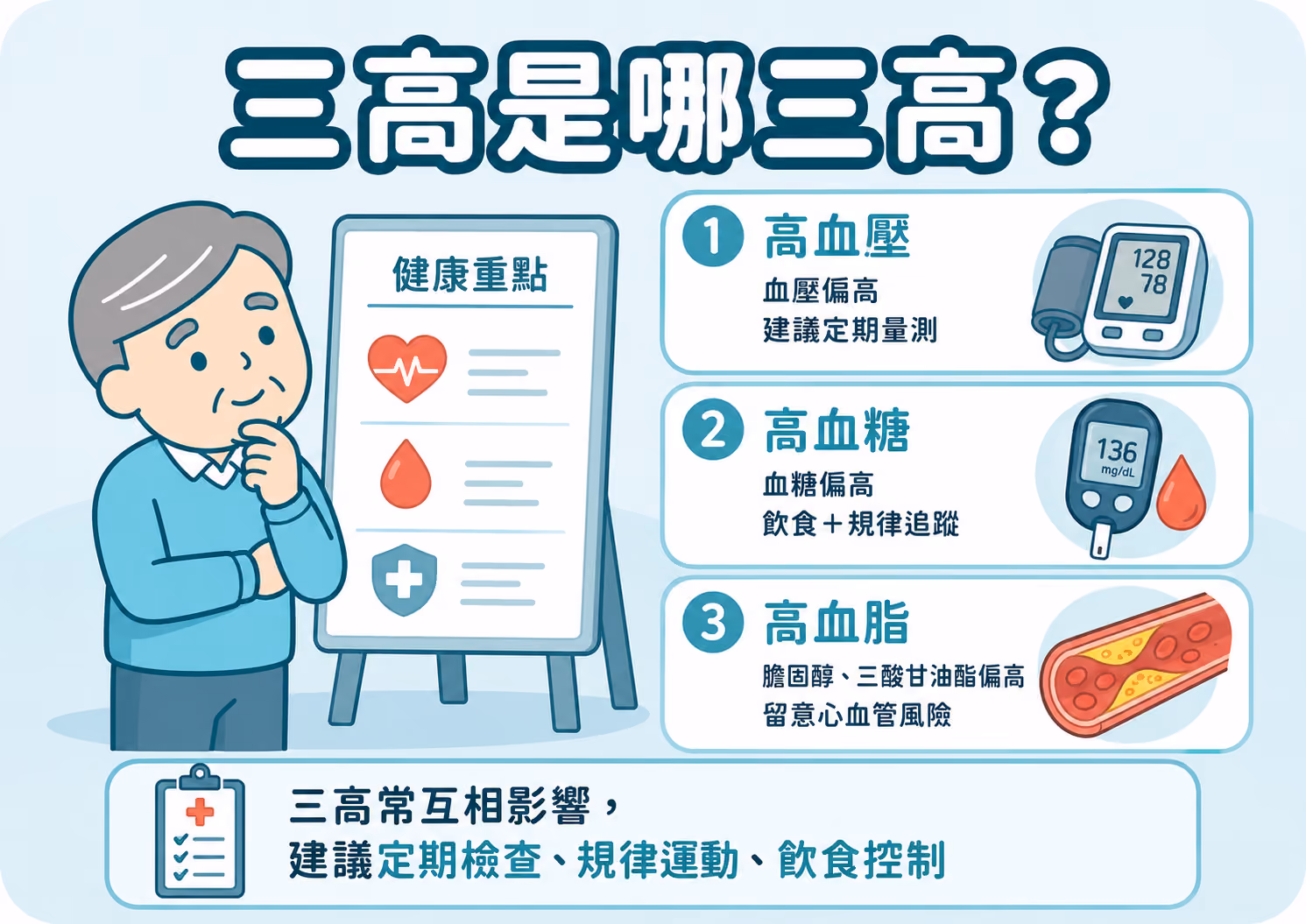 三高（高血壓、高血糖、高血脂）指標示意圖