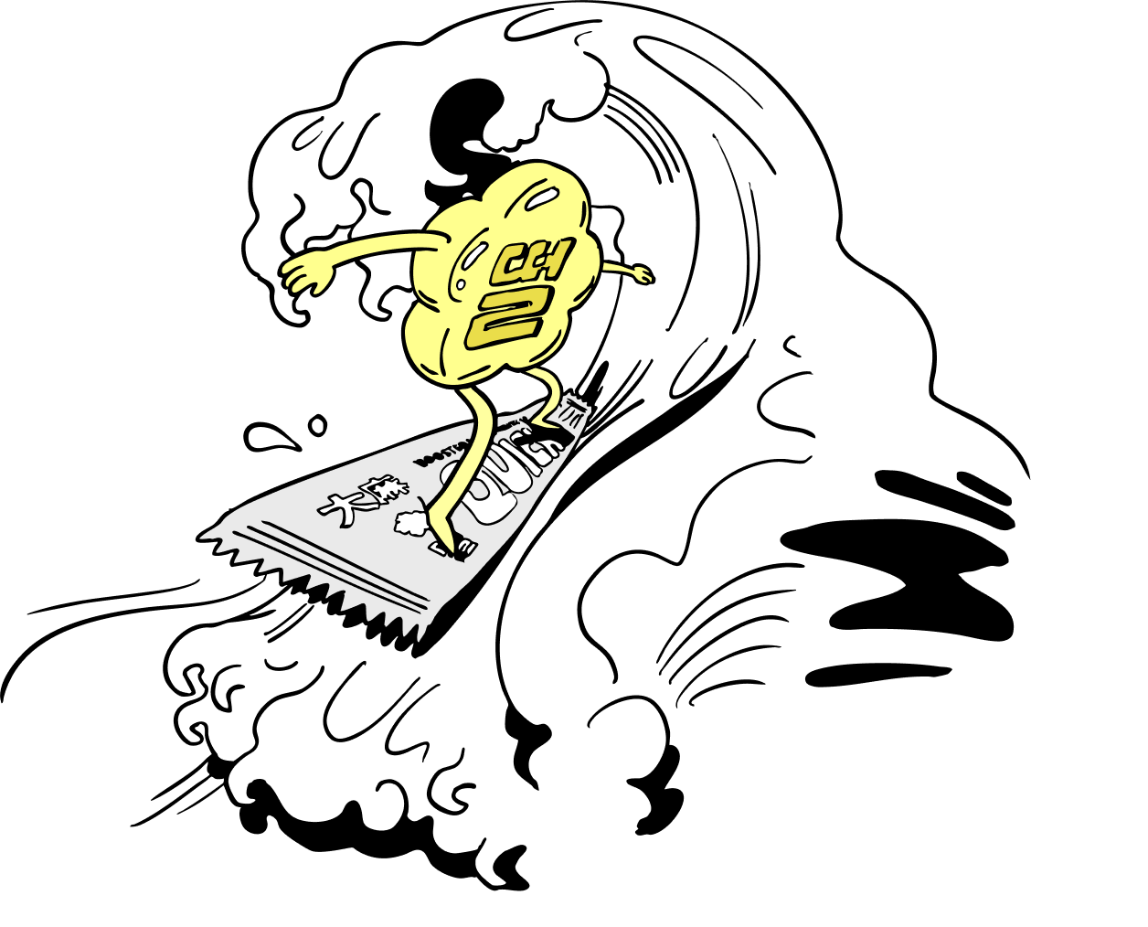 A graphic of a mochi gummy product surfing with a quickie product as a surfboard.