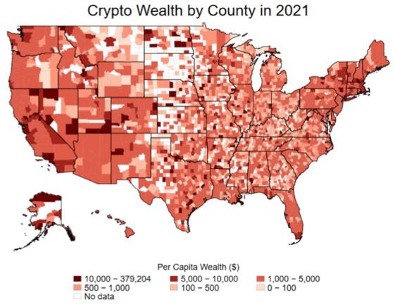 Heatmap of Crypto Wealth by County in the US in 2021