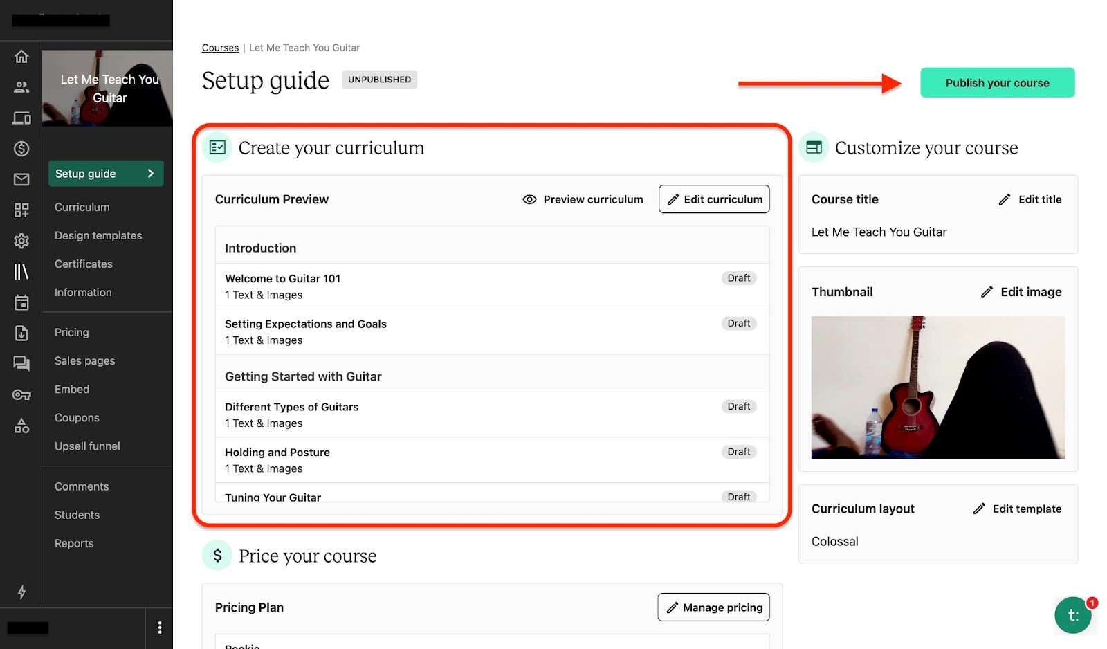 Setup guide in Teachable