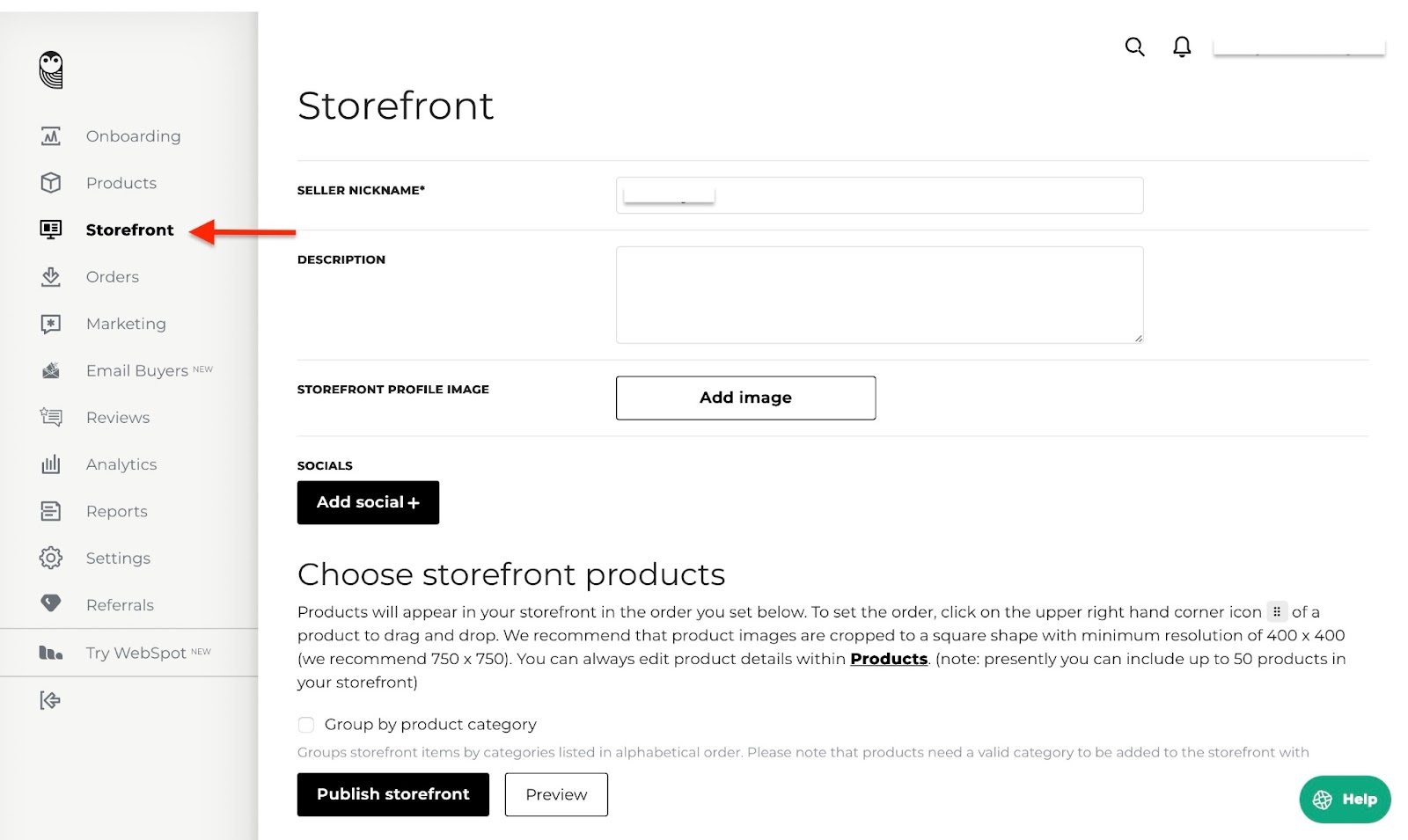A user is editing their storefront