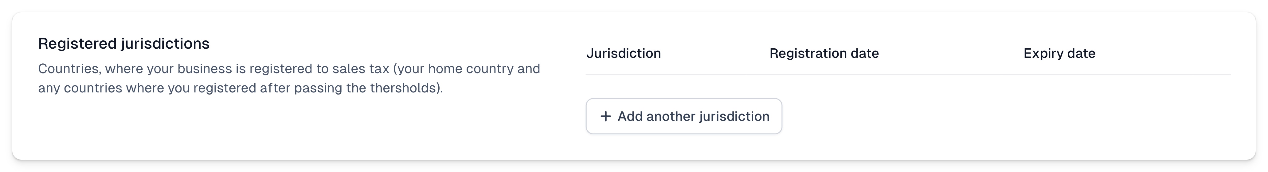 Easytools interface for adding registered tax jurisdictions.