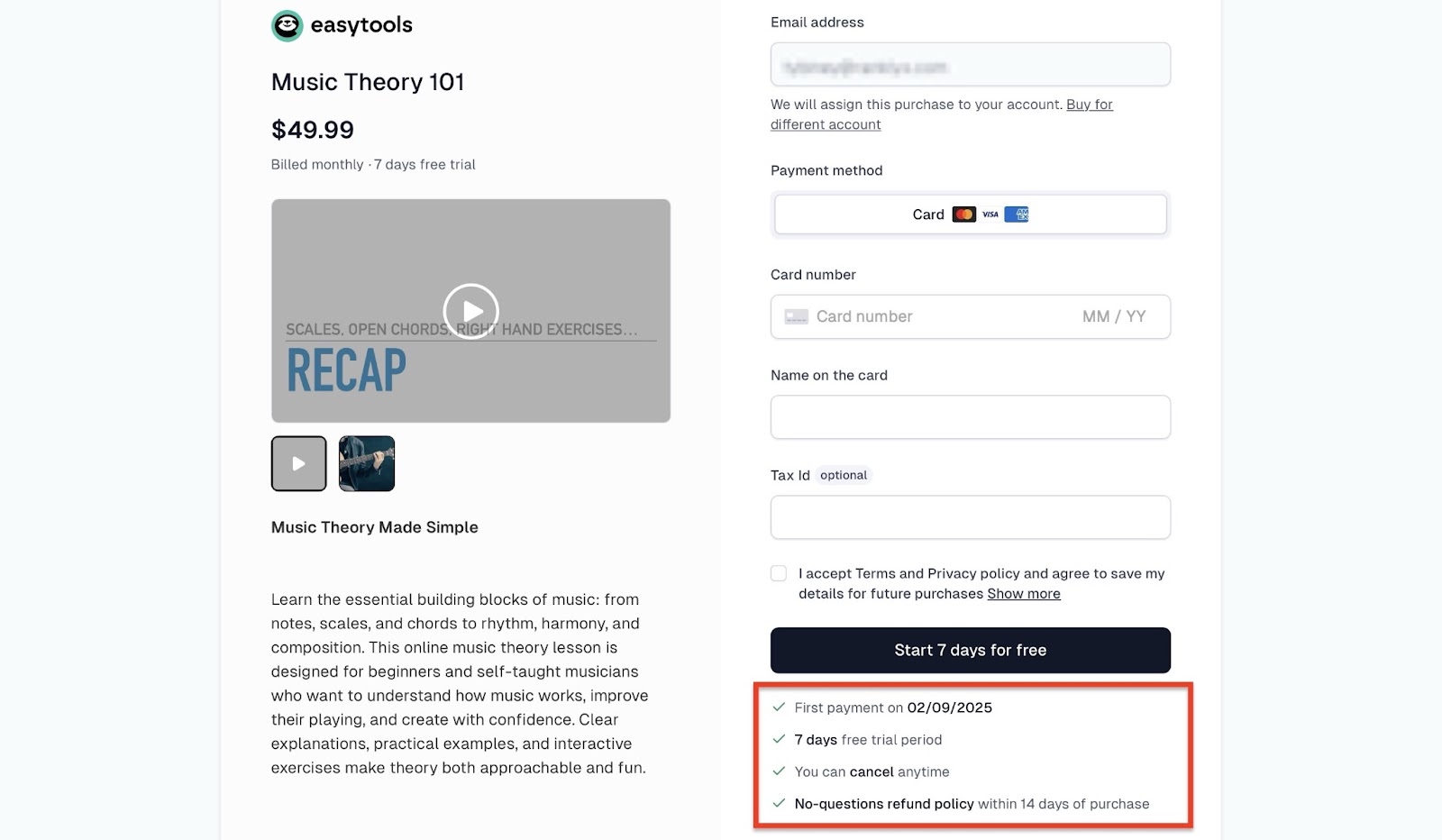 Easytools checkout with details about subscription renewal and trial