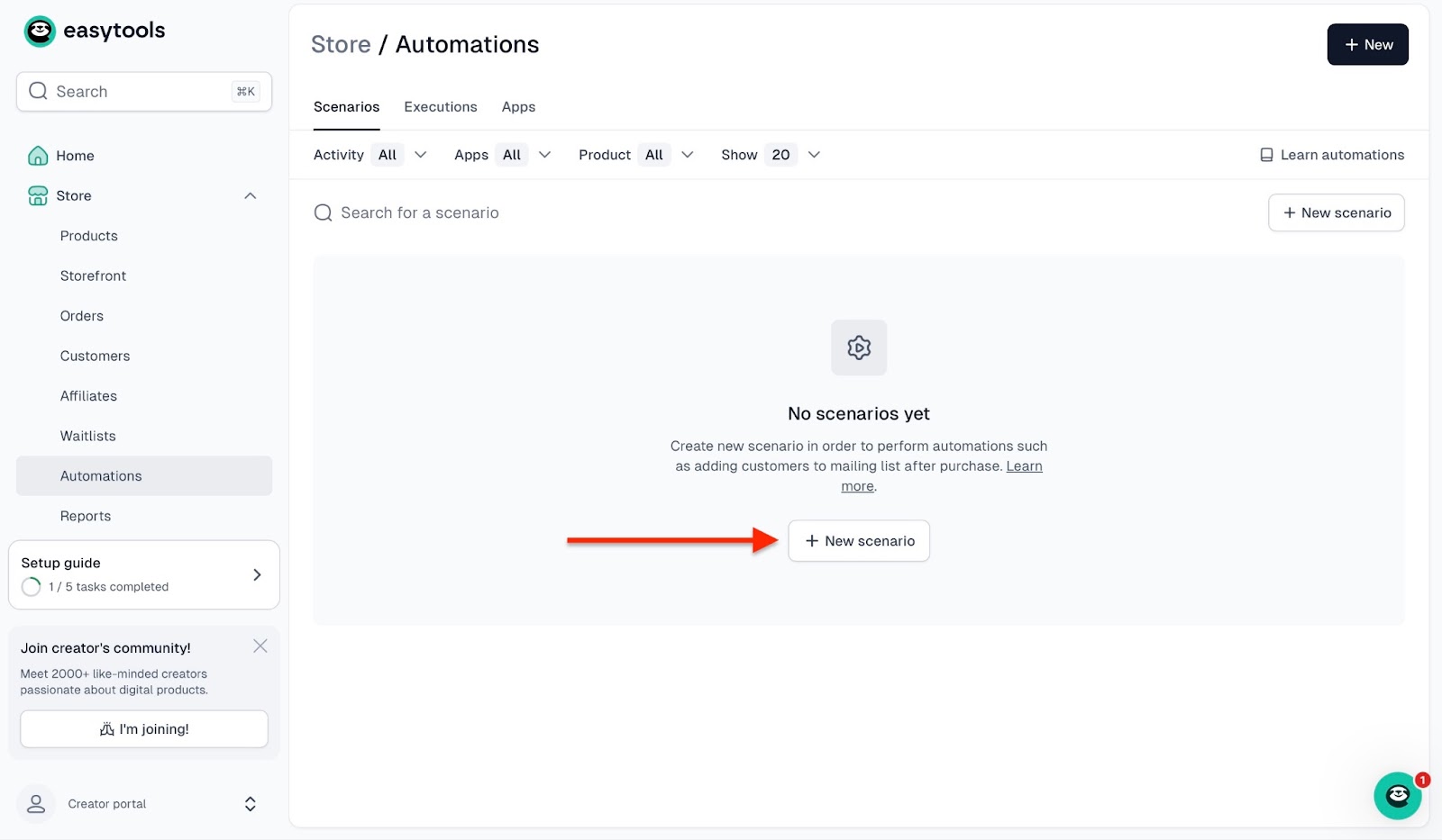 Easytools interface for creating new automation scenario.