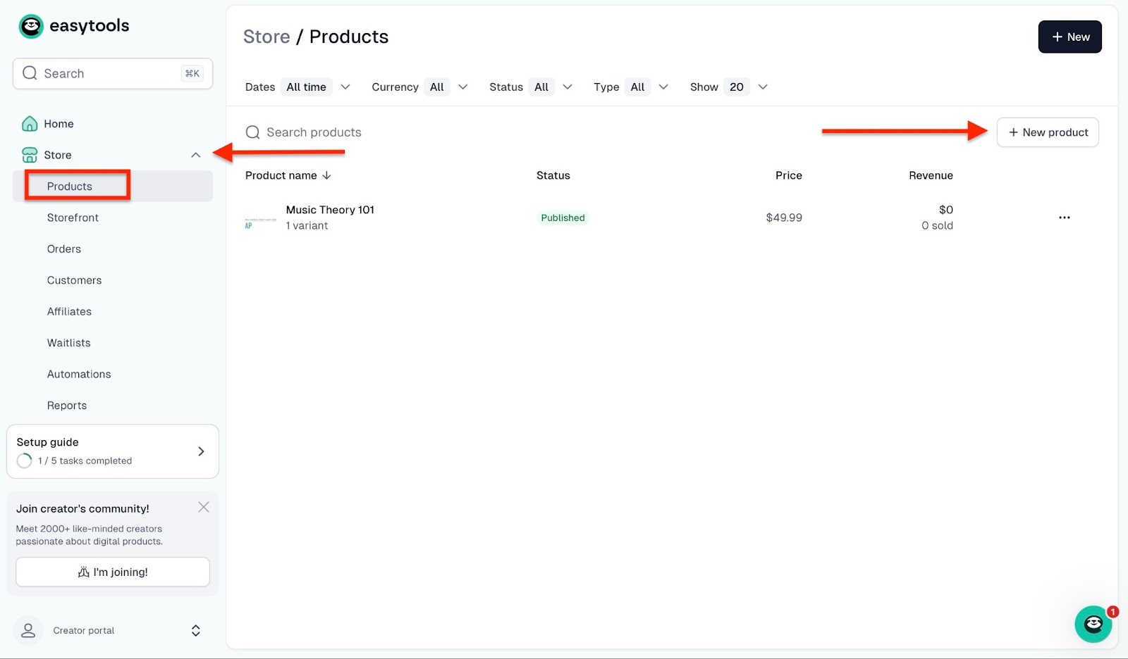 Easytools dasboard with product list and option to create a new product