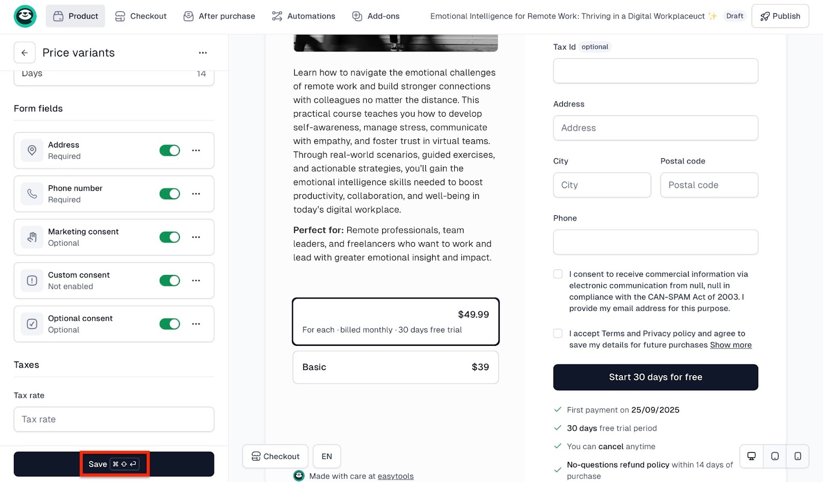 Interface for adding custom fields to the cart