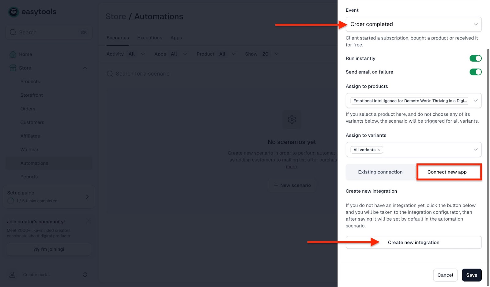 Dashboard for configuring automation scenario