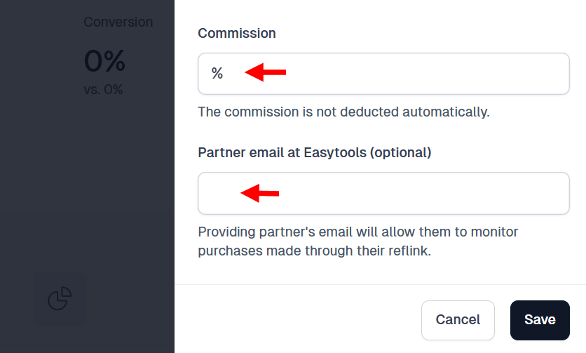 Settings for commission percentage and partner email