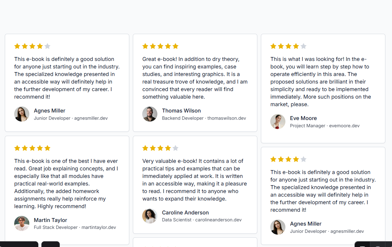 Customer reviews with five-star ratings for the e-book