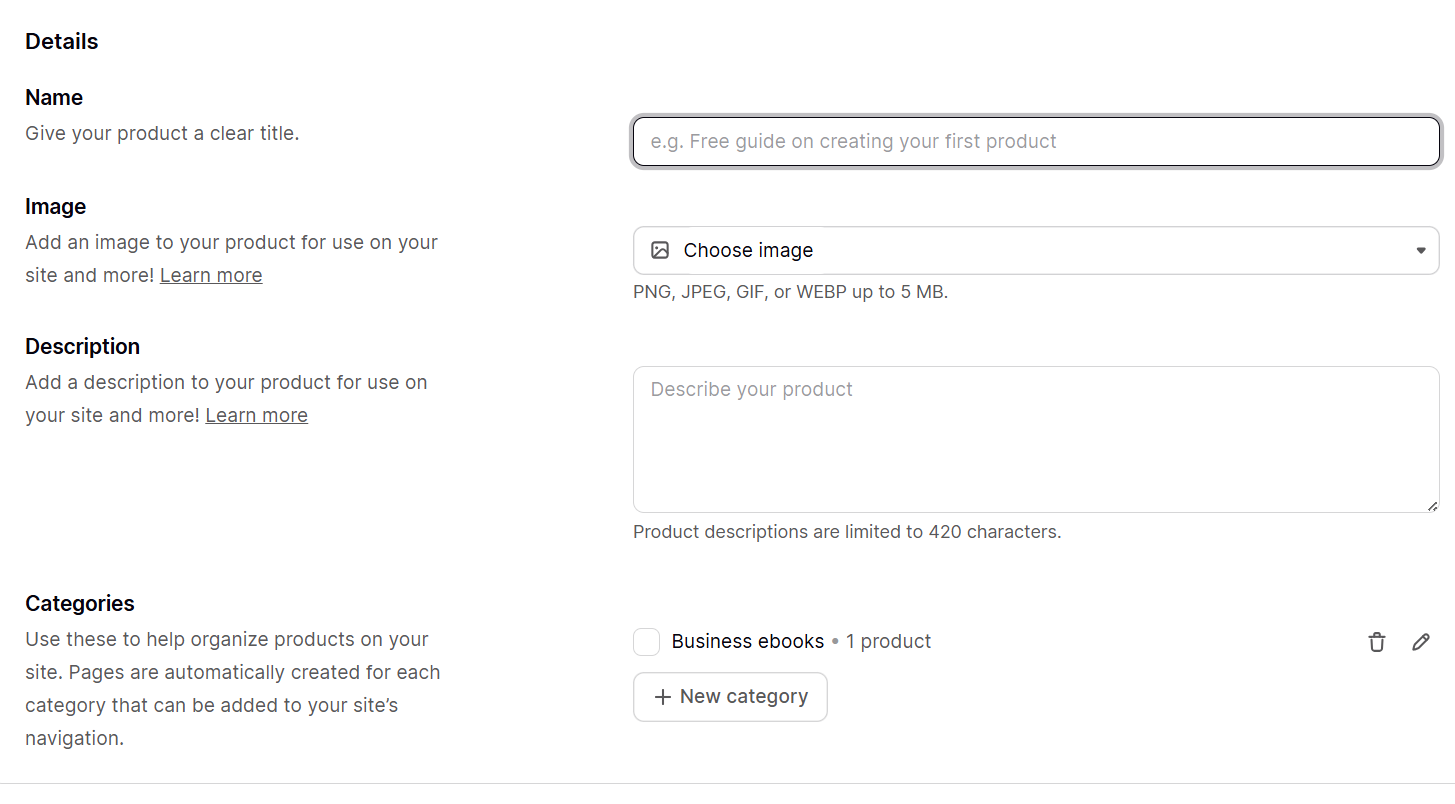 A product setup page