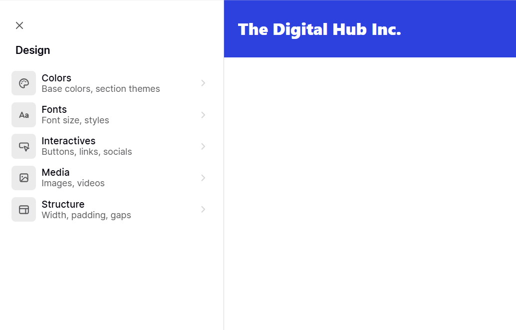 Website design options for colors fonts and media