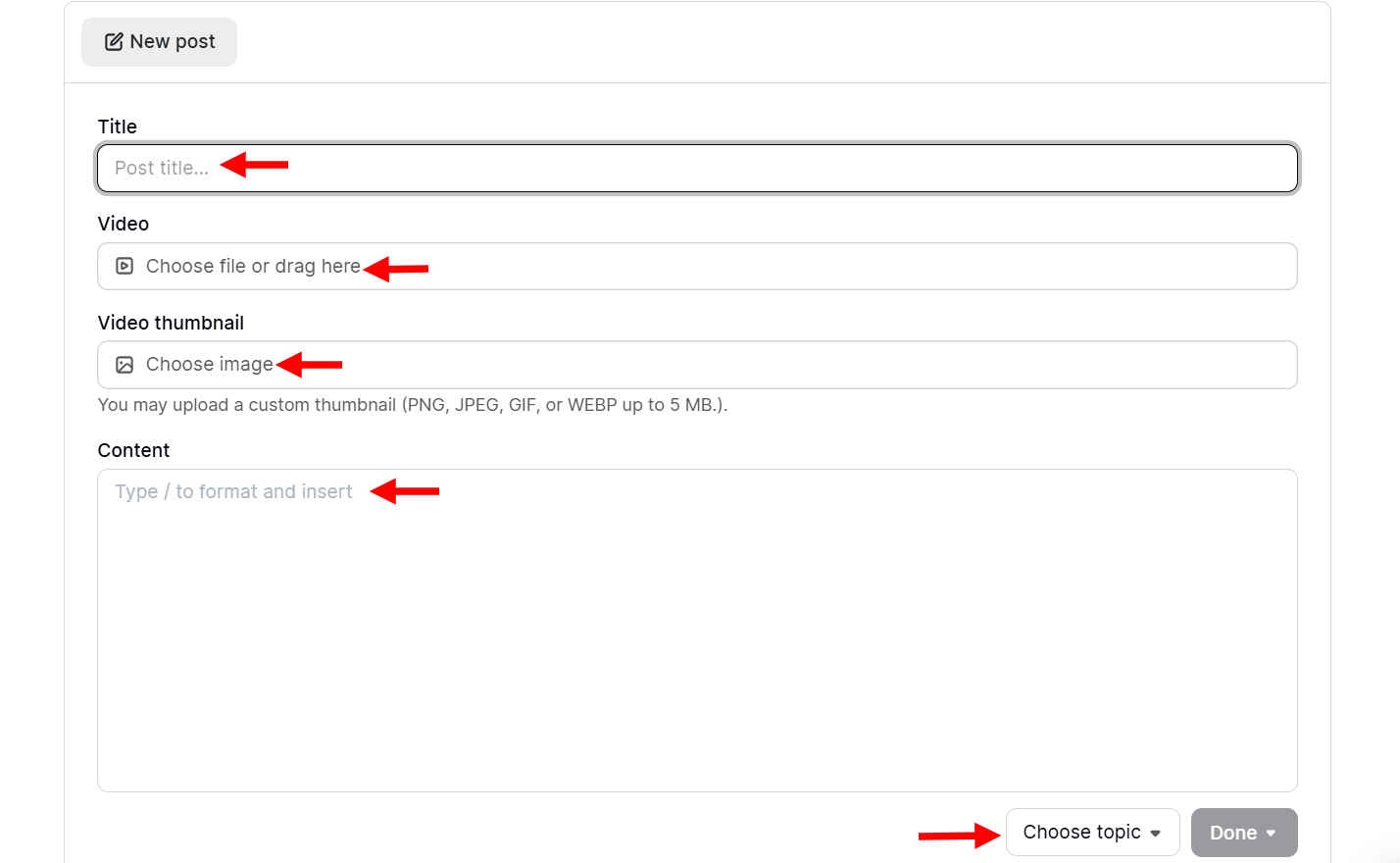 Options to add title video and content for a new post