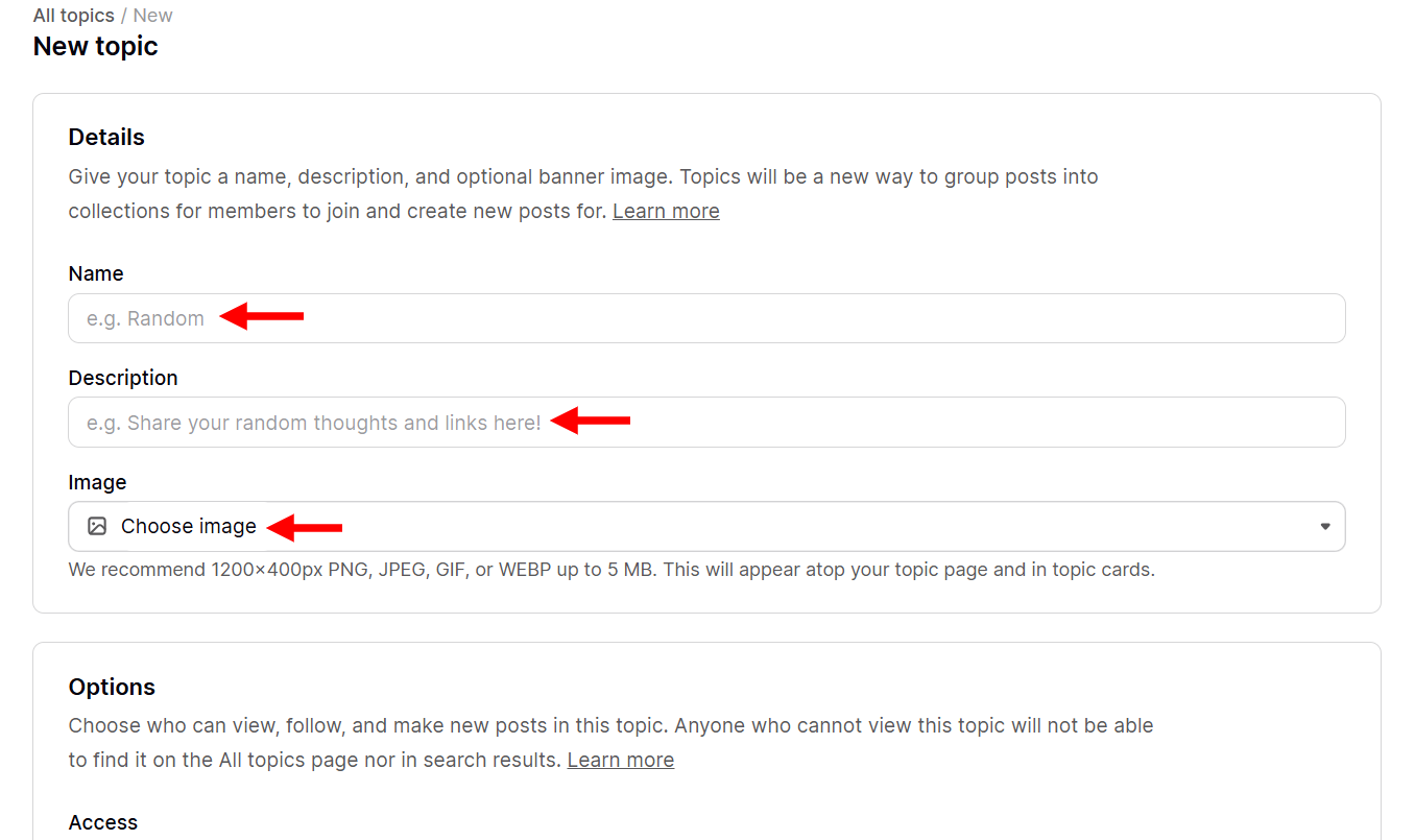 Page to create a new topic