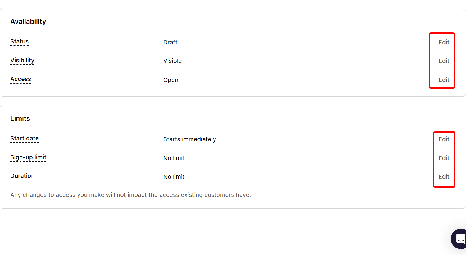 Options for products availability and limits