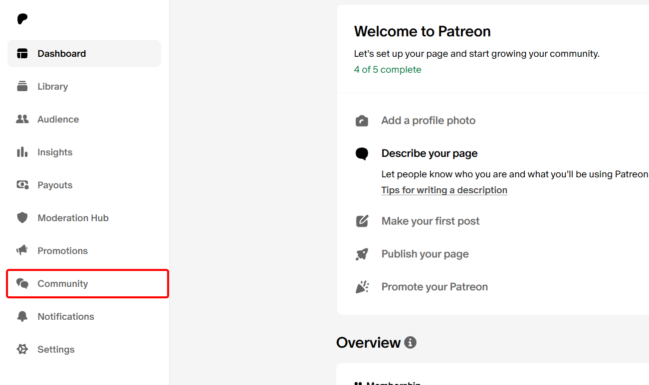 Community tab on the Patreon dashboard