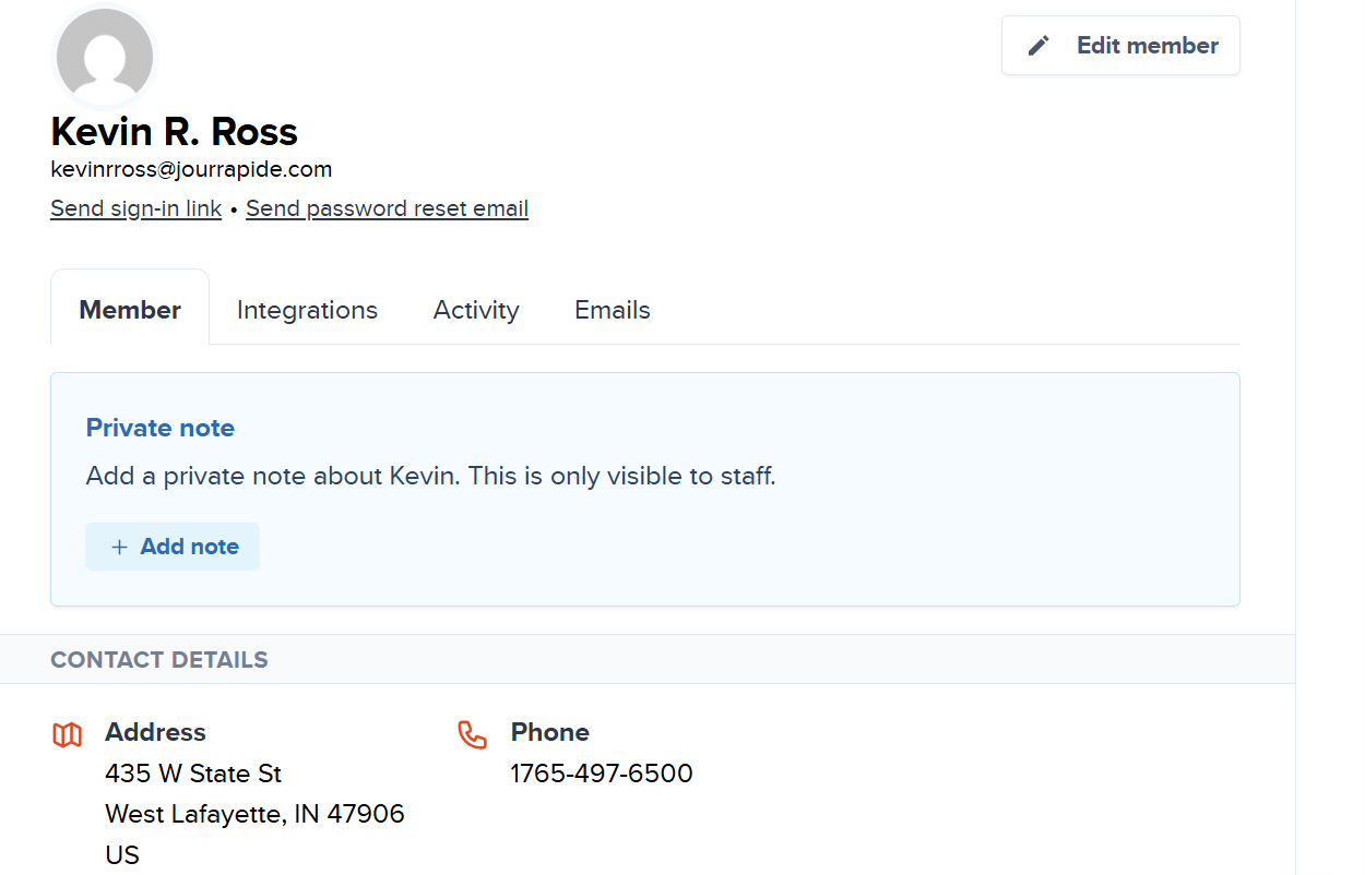 User profile page with contact details