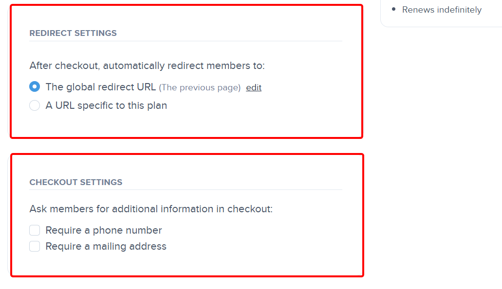 Membership plan redirect and checkout settings