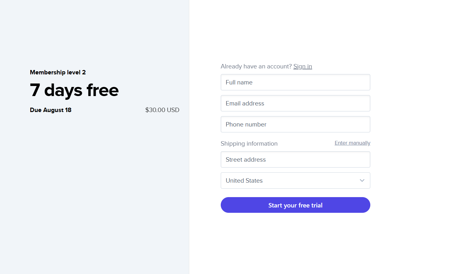Sign-up form for a free trial