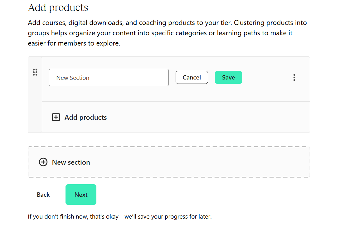 Interface for adding products to a tier