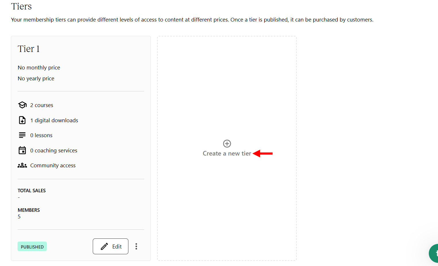 Page showing how to create membership tiers