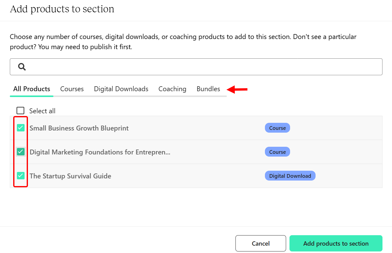 Page for adding bundled products to a section