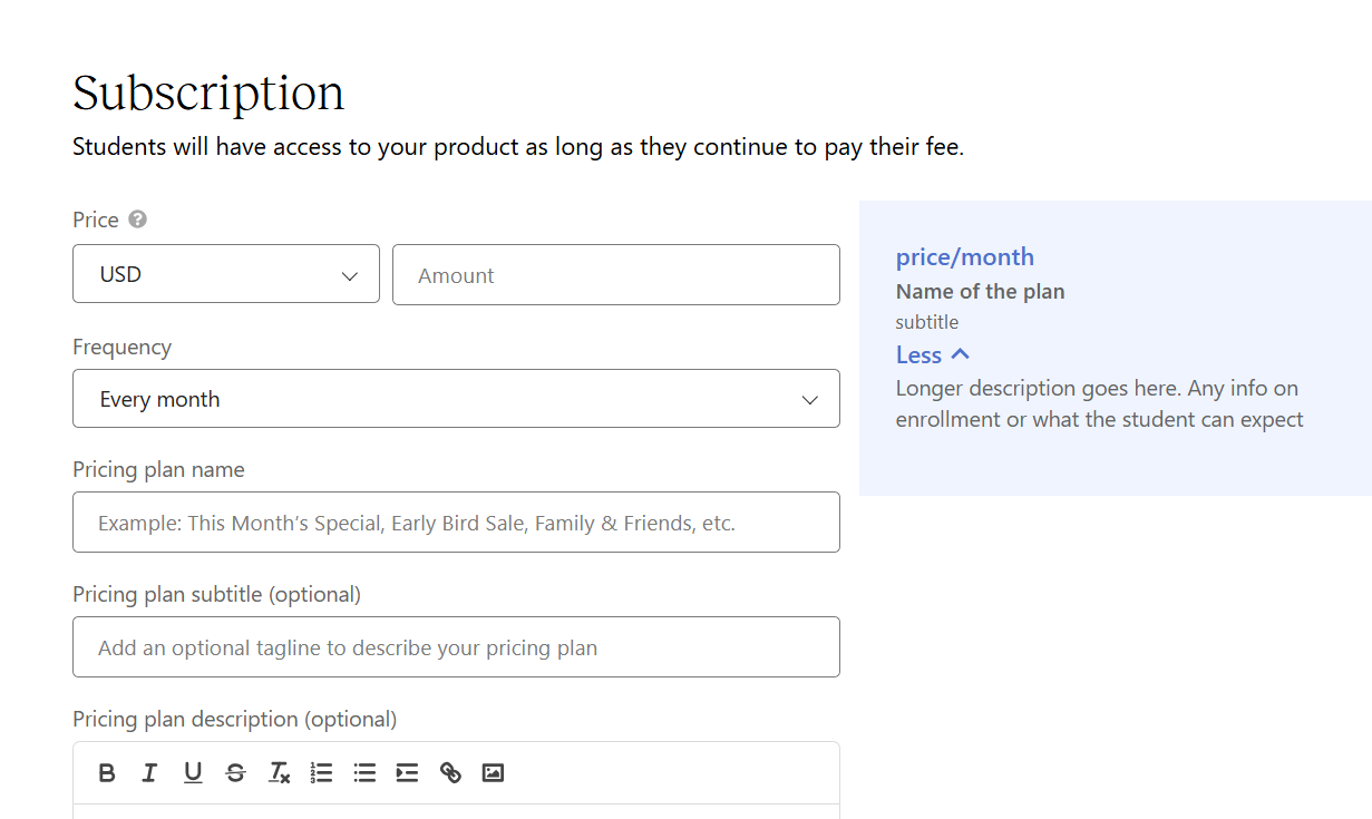 Page to create a subscription plan