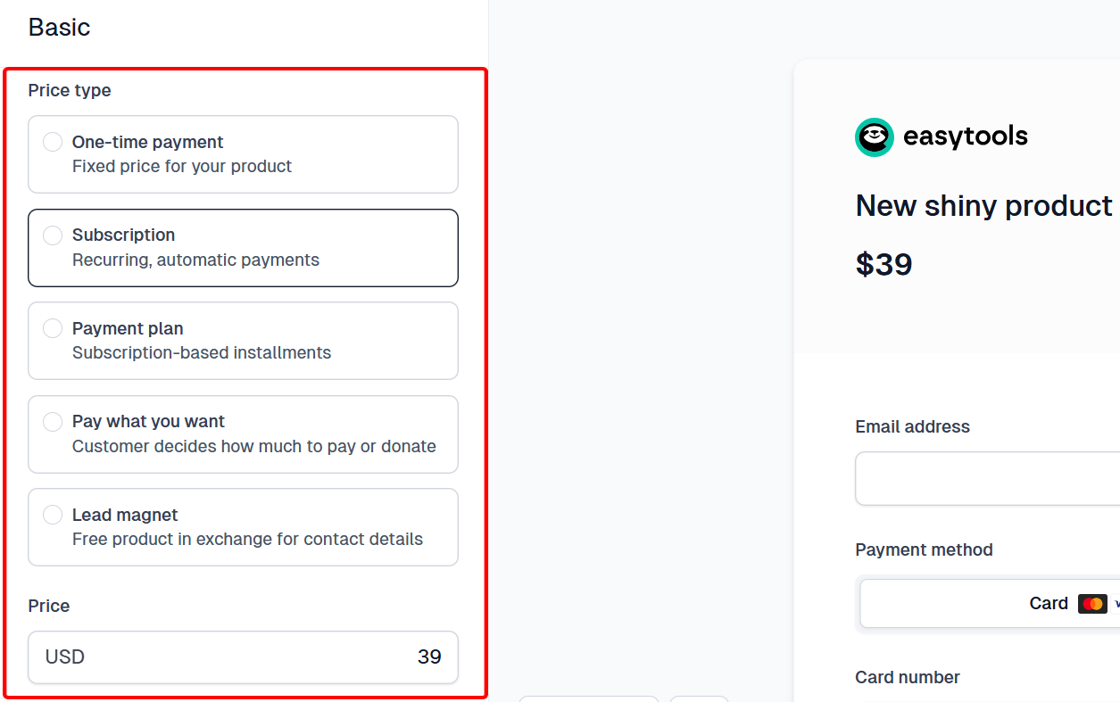 Options for various pricing types