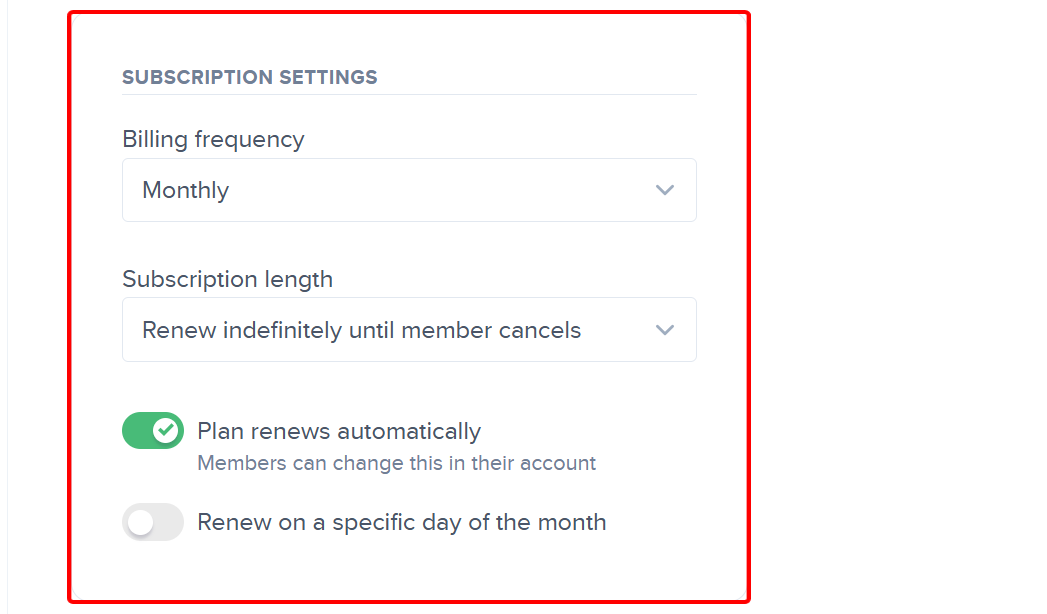 Subscription settings including billing frequency and renewal