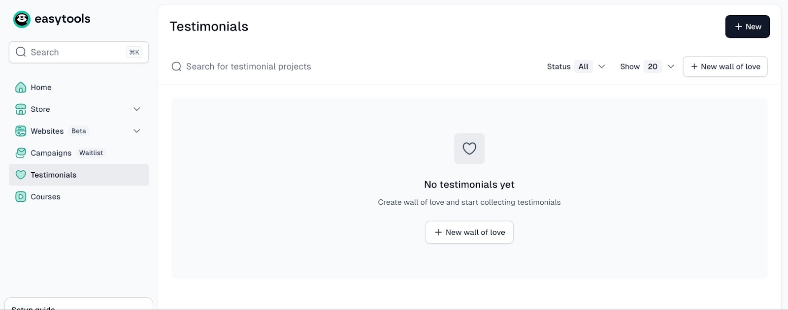 Page for collecting and managing testimonials
