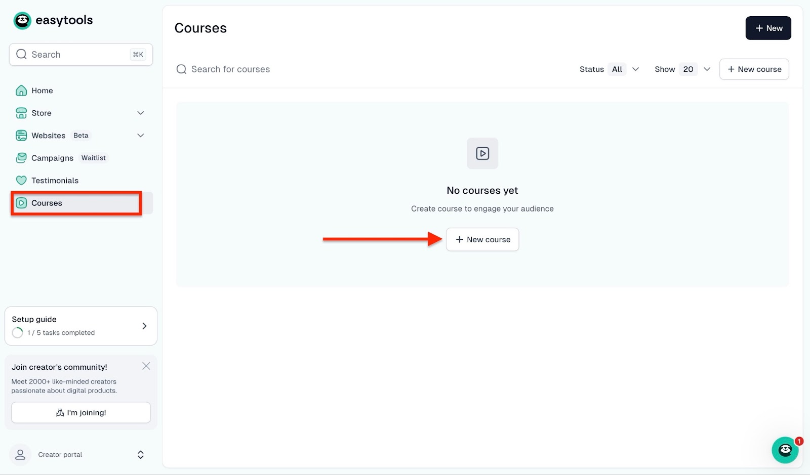 Courses tab to create an online course