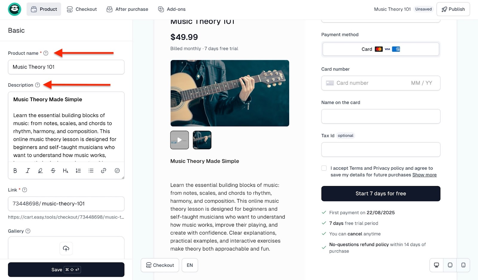 Product page with course name and description