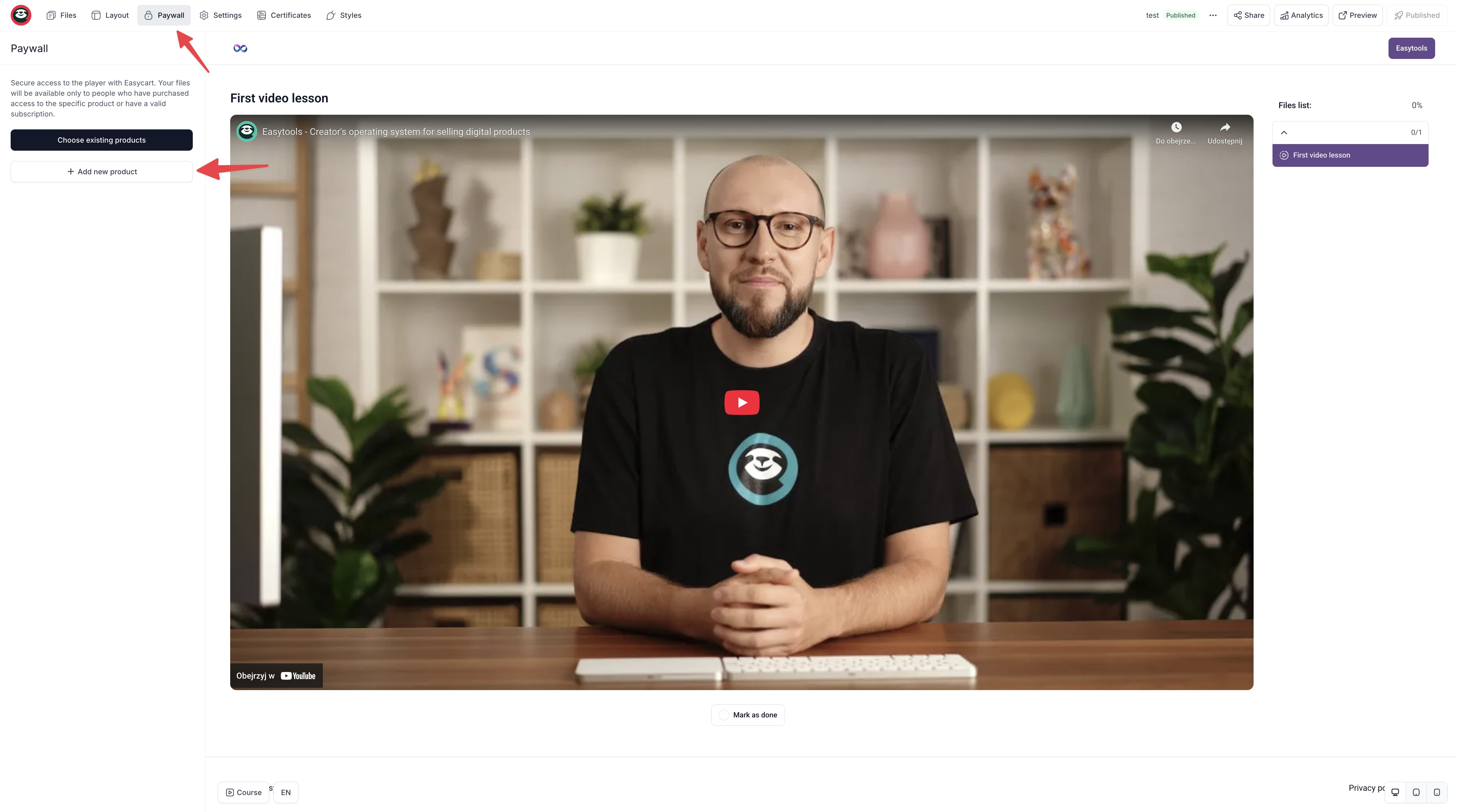 Easytools paywall feature to protect online course access