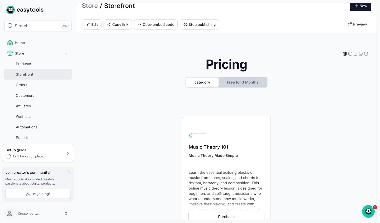 Online course platform storefront showing a pricing page