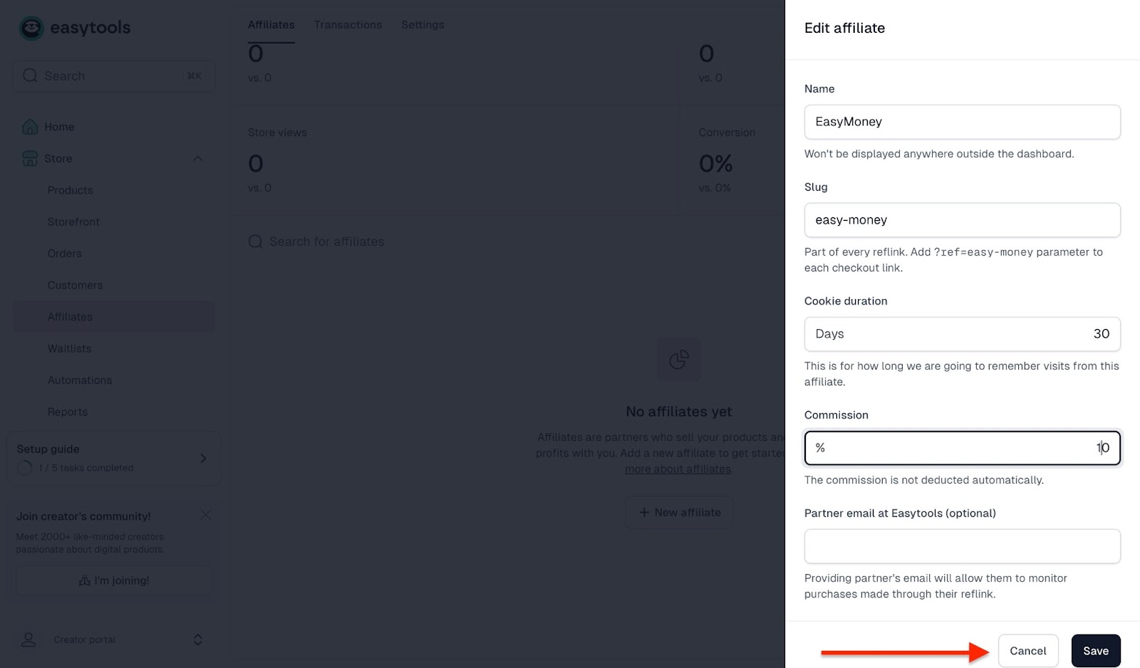 Settings to edit an affiliate partner