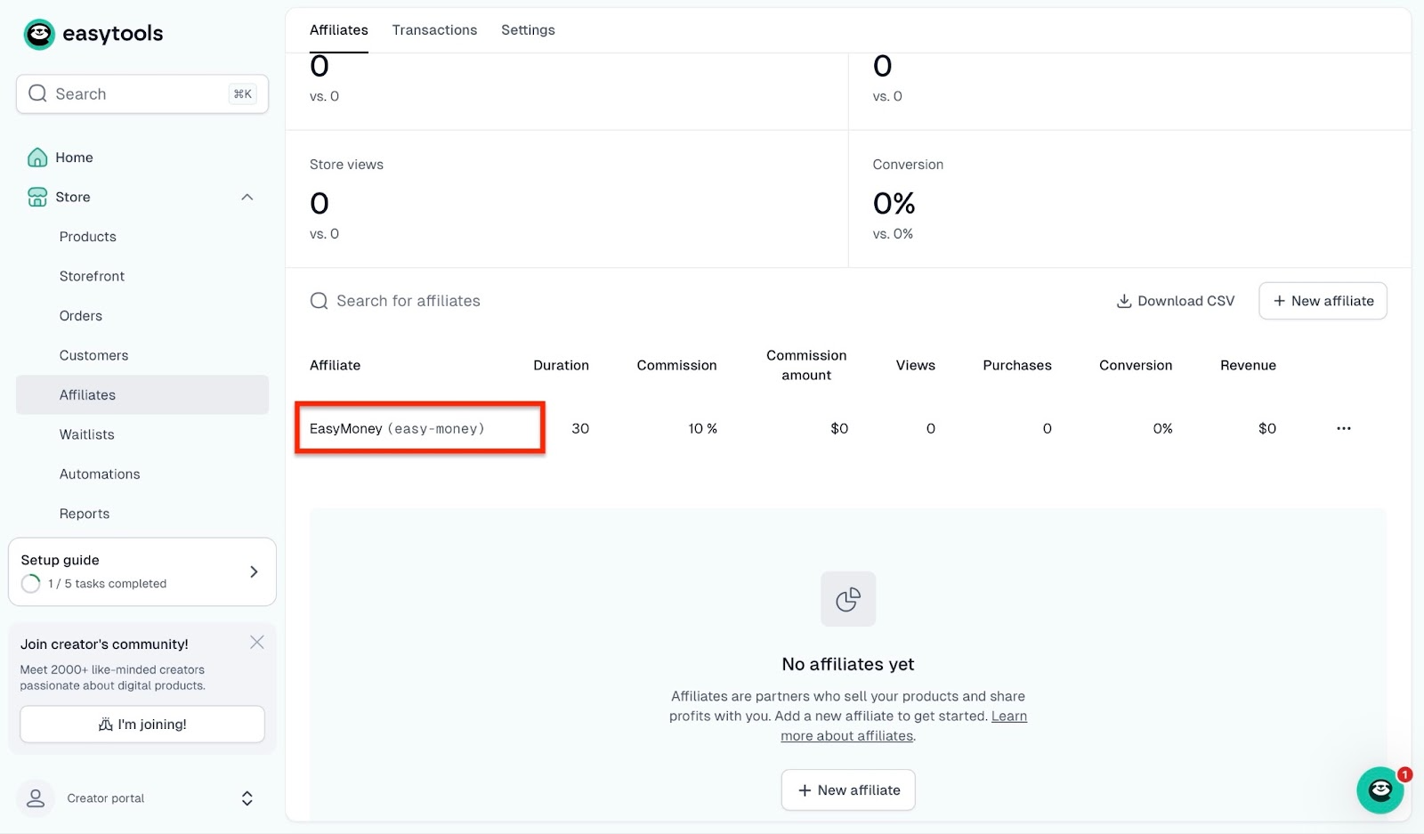 Overview of affiliate performance on Easytools