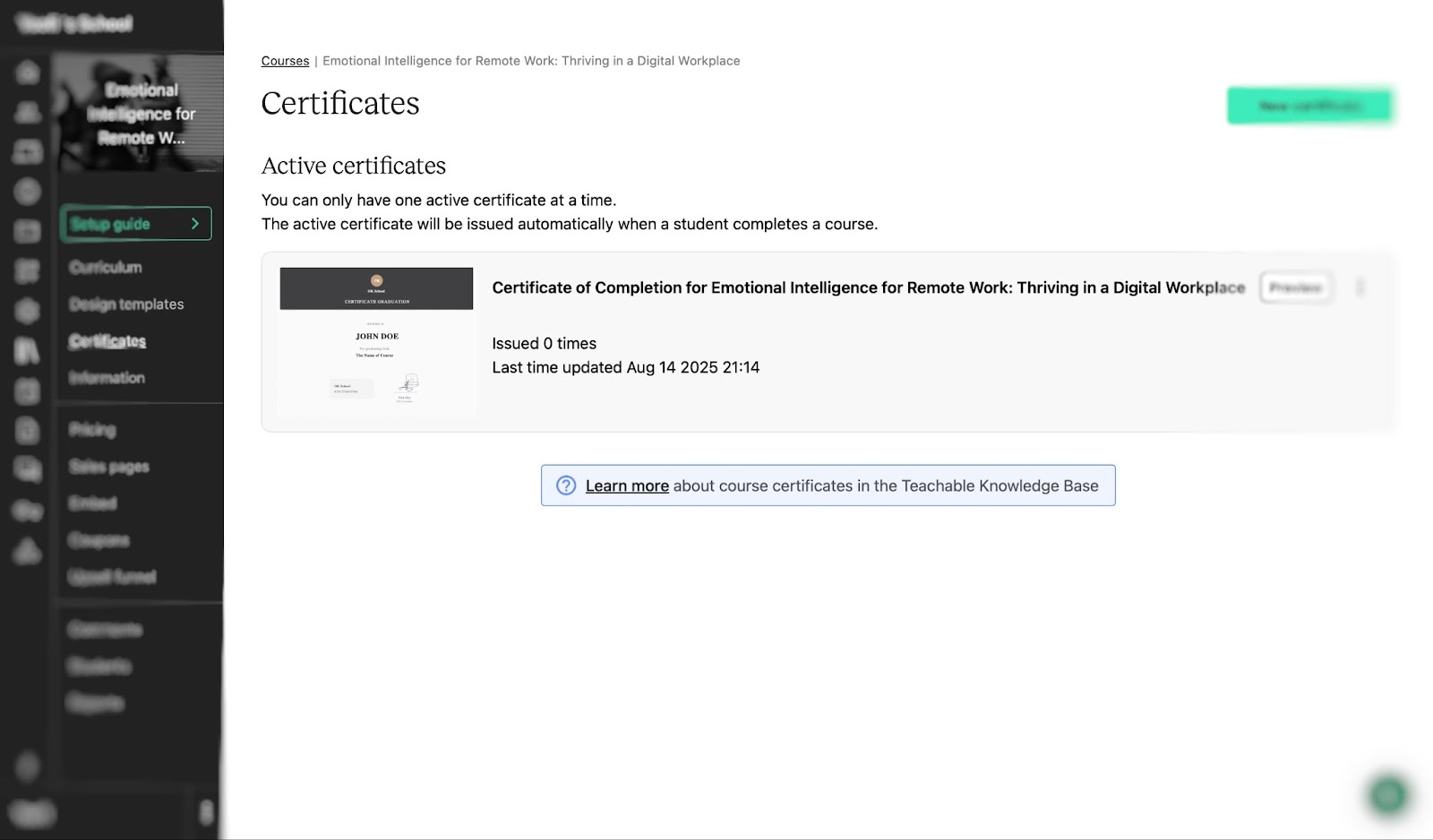Teachable course certificate settings