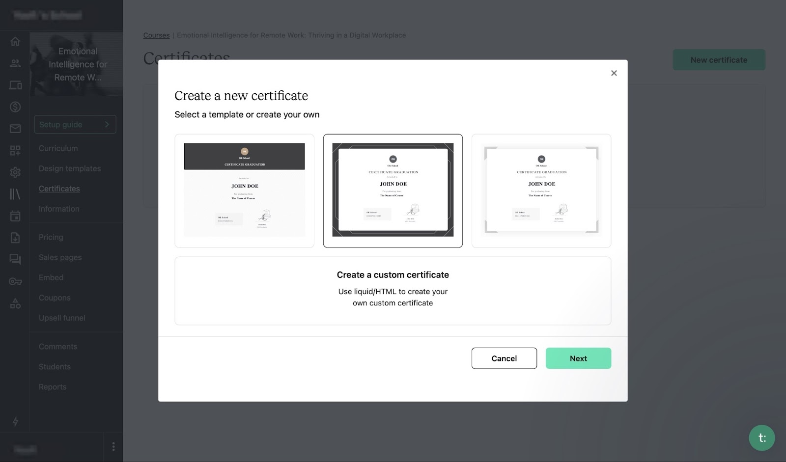 Designing new course certificates on Teachable