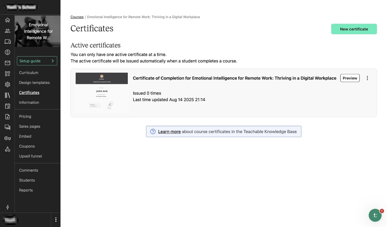Teachable course certificate settings