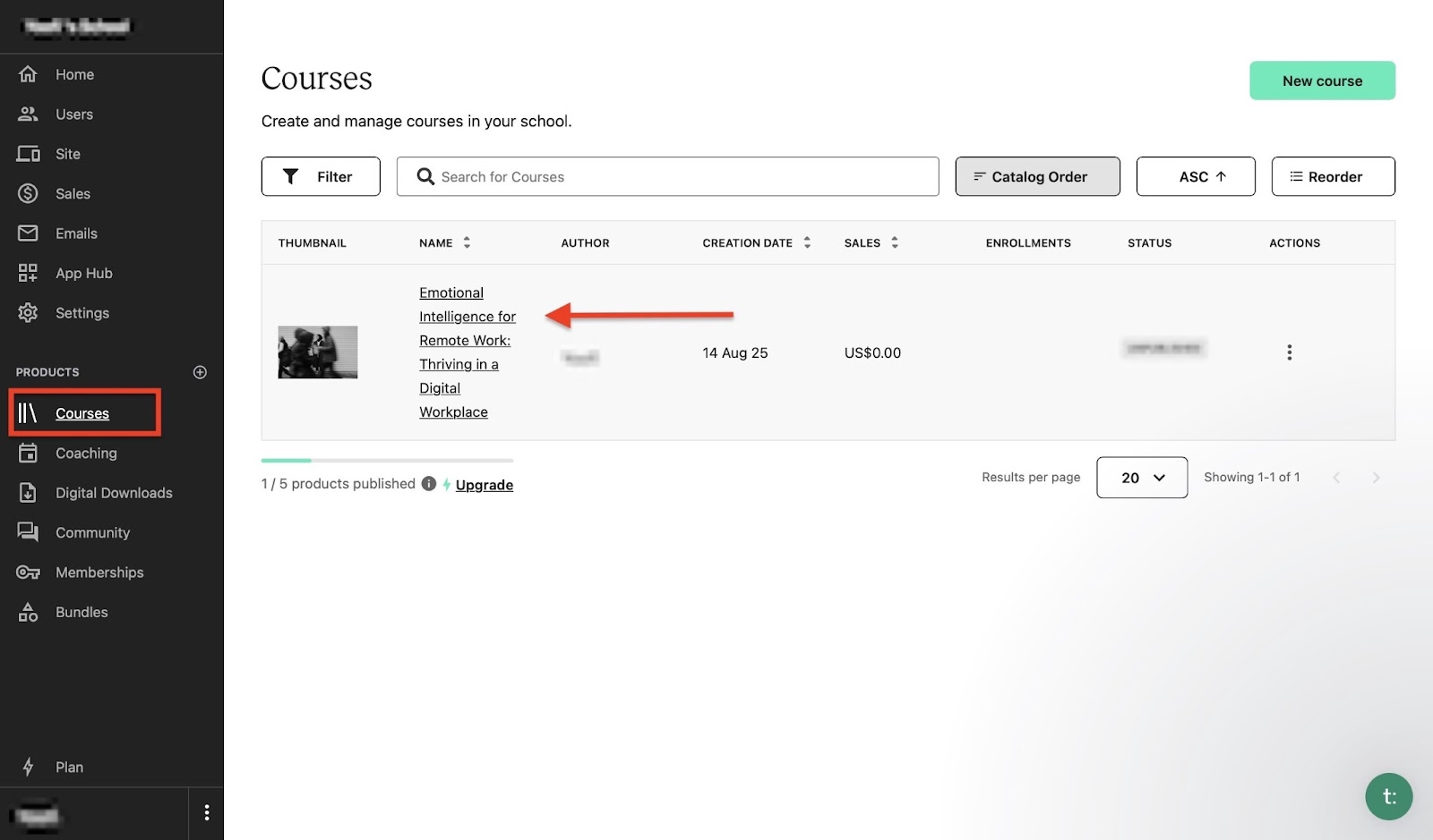 Dashboard view of courses created