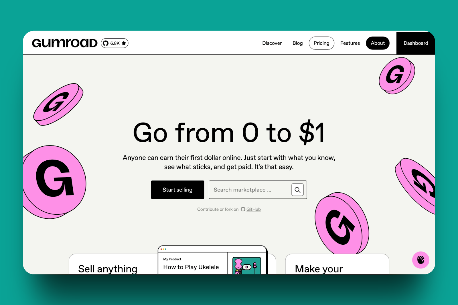 Leading page for the Gumroad platform