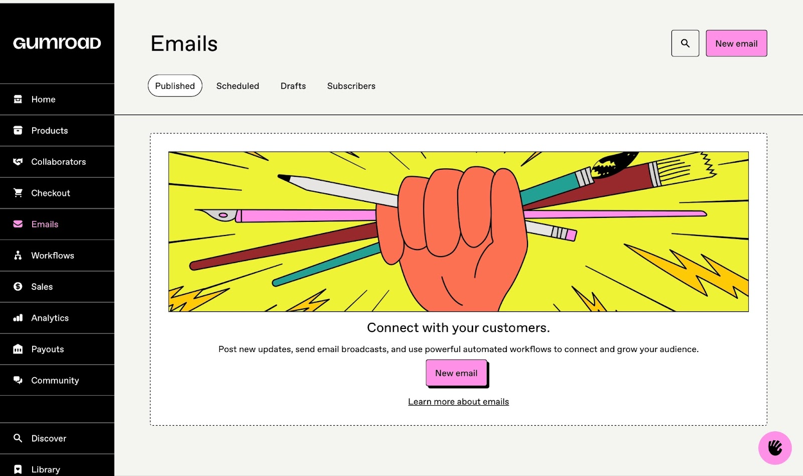 Email creation page on the Gumroad platform